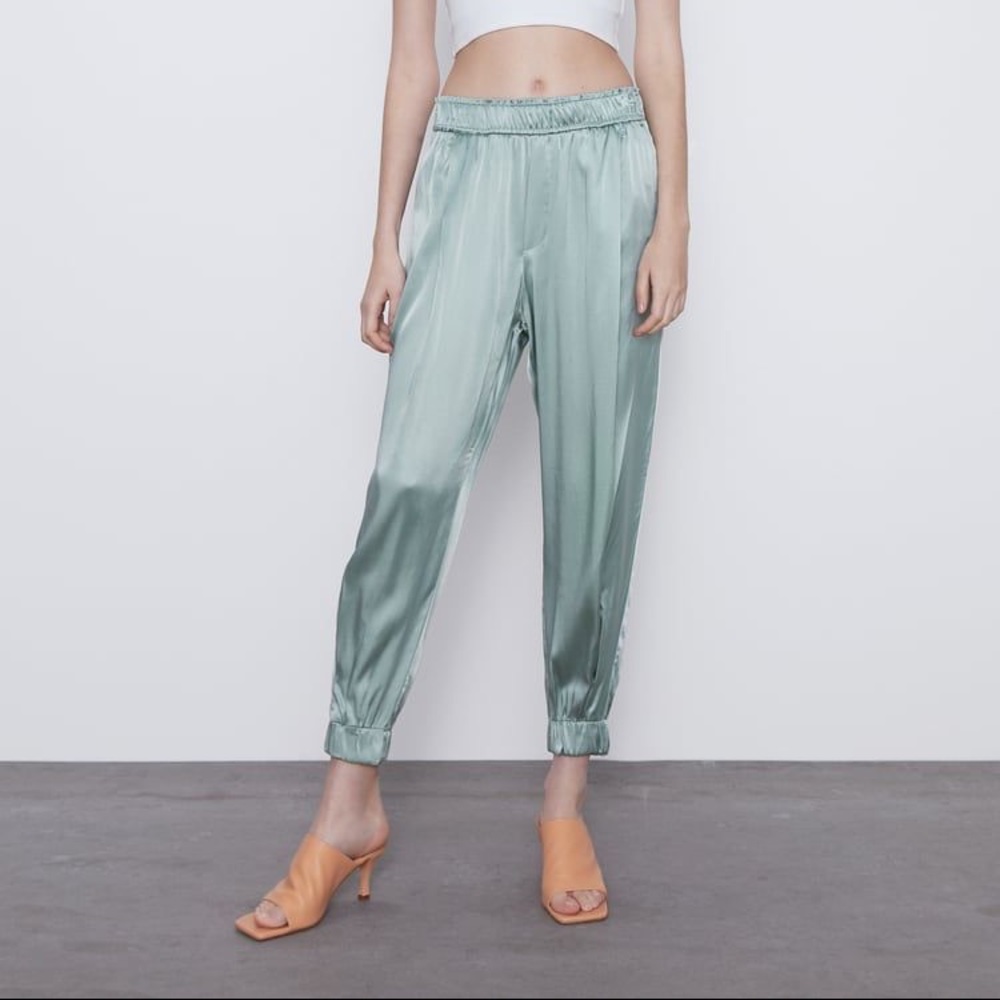 Zara Satin Jogger Pants in Sage Green